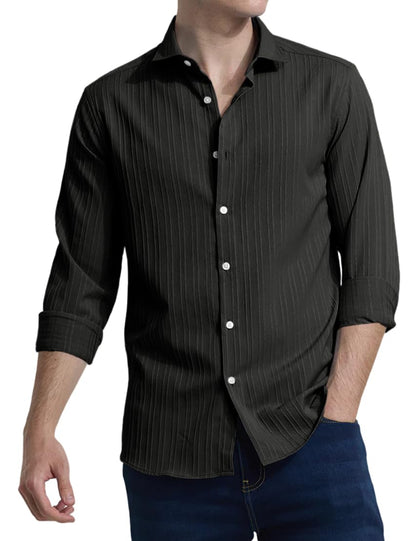 Finivo Fashion MenS Casual Cotton Plain Button Down Shirts Full Sleeve Textured Summer Beach Shirt For Men Black