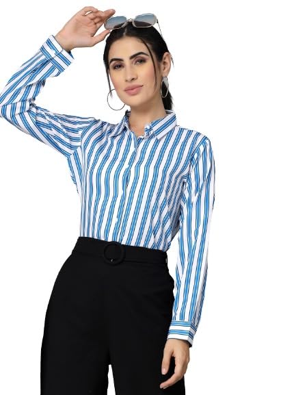 Style Quotient Women White and Blue Striped Regular Formal Shirt