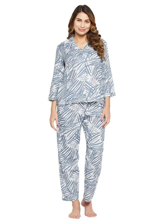 Clovia Womens Crepe Pretty Florals Button Down Shirt & Pyjama Set in White (LS0385M18_White_3XL)