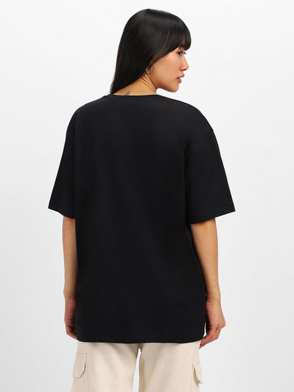 Juneberry Pure Cotton Round Neck Half Sleeve Oversized Baggy Fit Drop Shoulder Front Printed Black T-Shirt For Women (Os_J_Brth_