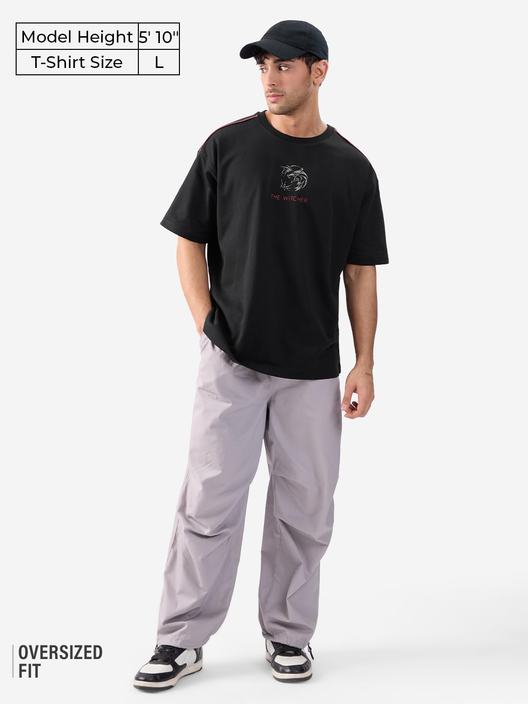 The Souled Store Official The Witcher: Basilisk Men and Boys Short Sleeves Round Neck Black Graphic Printed Cotton Oversized T-S