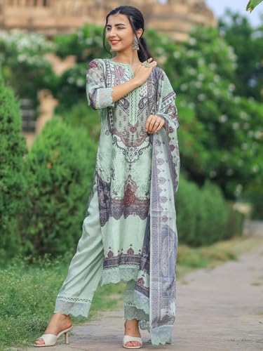 Libas Womens Printed Silk Blend Pakistani Kurta With Trousers And Dupatta