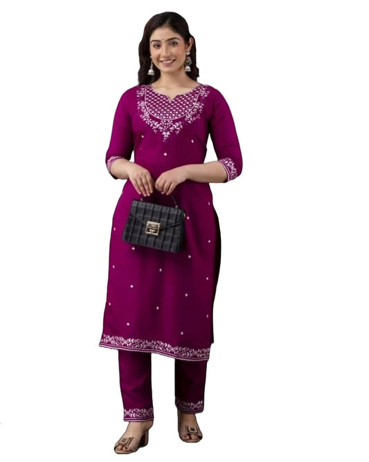 Yashika Women Kurta Set in Solid Purple Color and Pure Rayon Fabric With Pant
