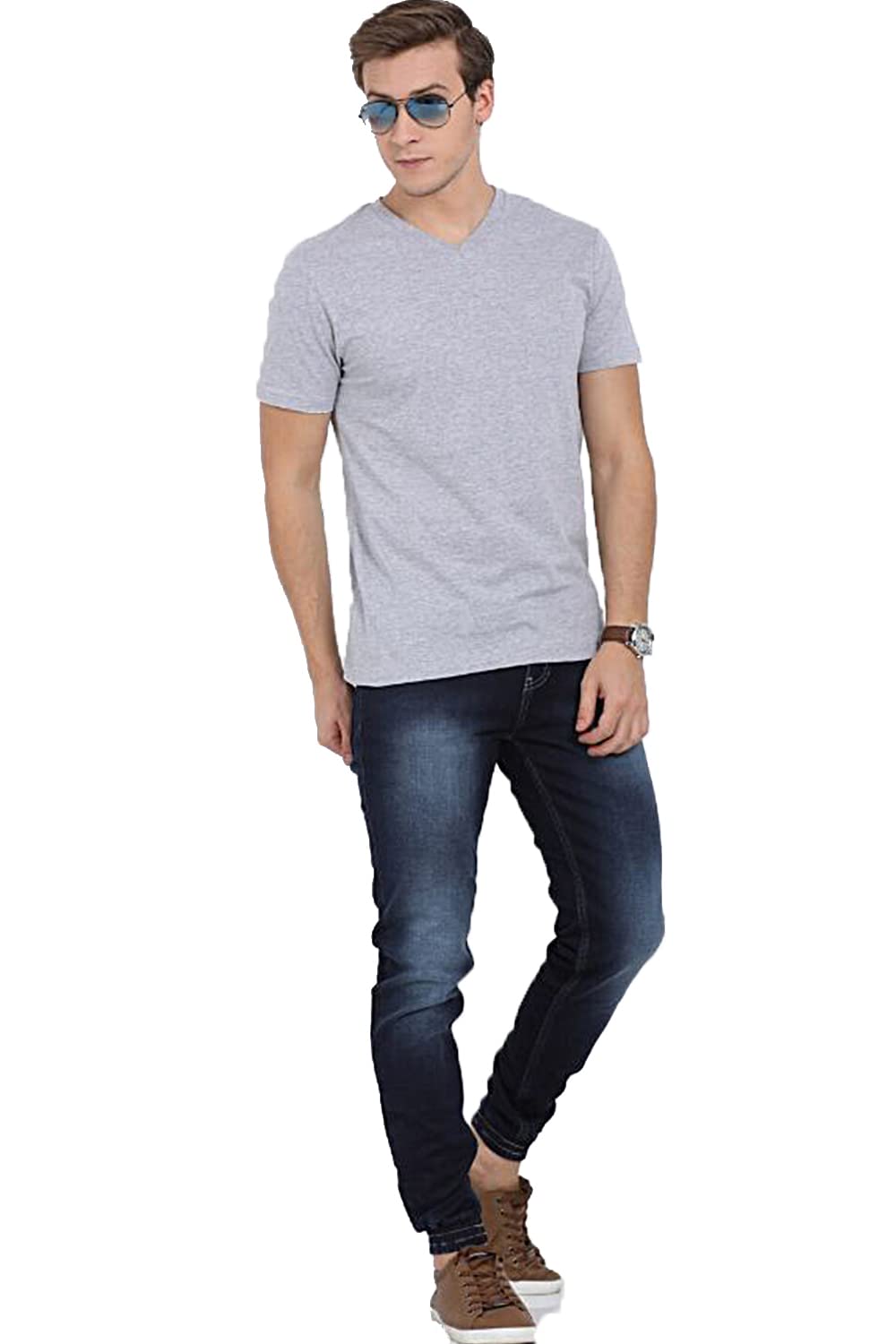 ADRO Men's V Neck Solid Cotton T-Shirt (VN-M-PLN-GR_Grey)