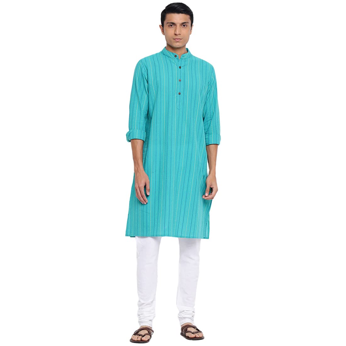Fabindia Men Cotton Dobby Printed Long Kurta Teal_Xxl