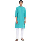 Fabindia Men Cotton Dobby Printed Long Kurta Teal_Xxl