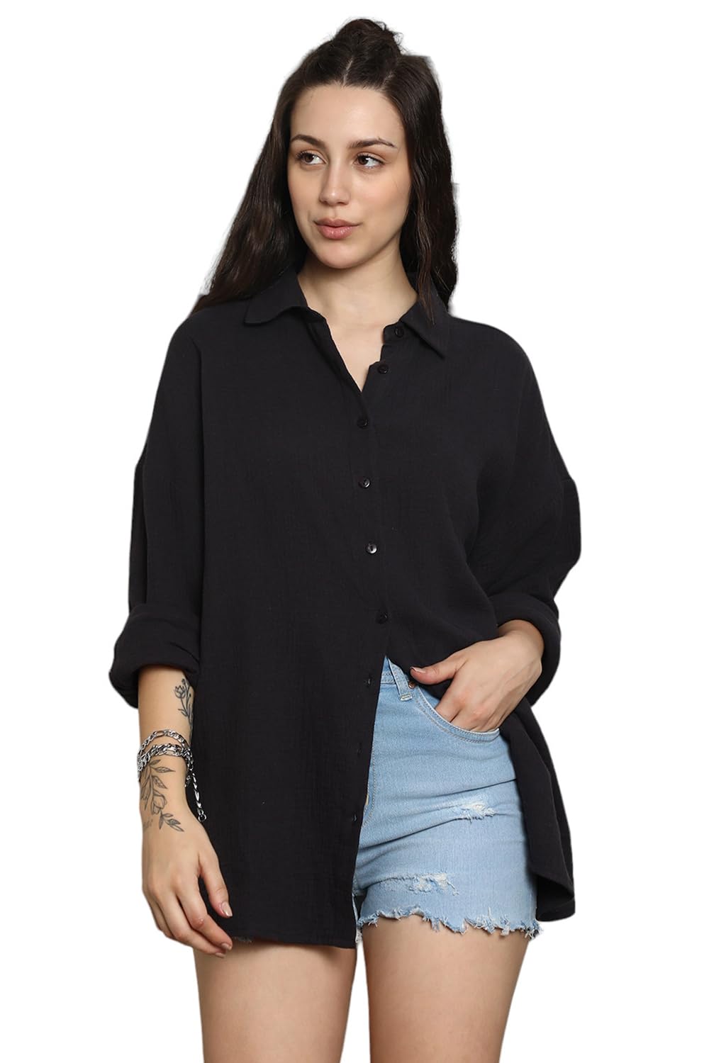 High Star WomenS Oversized Fit Shirt (Hswshs2422_Jun_Black