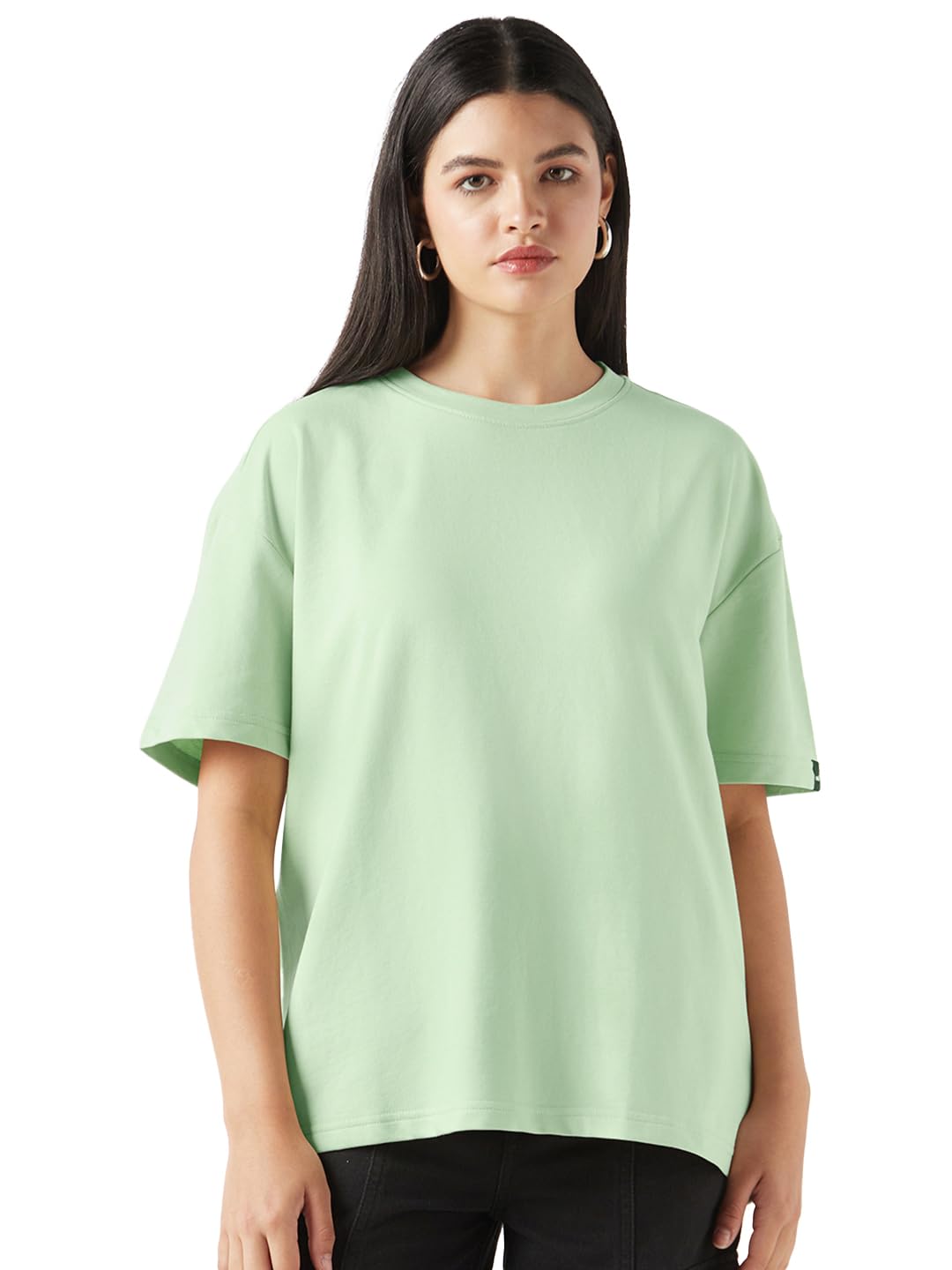 Bewakoof Womens Solid Oversized Fit Half Sleeve Round Neck Cotton Poly T-Shirt_624956_Green_XL