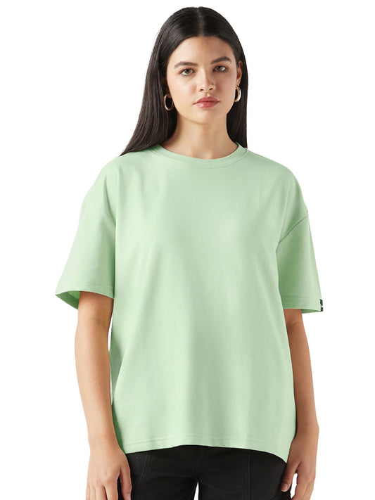 Bewakoof Womens Solid Oversized Fit Half Sleeve Round Neck Cotton Poly T-Shirt_624956_Green_XL