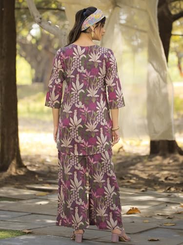Pinkmint Womens Pure Cotton Co Ord Set l Flower Printed Co Ord Set l Stylish Pocket & 3/4 Sleeve Women Co-ord Set Purple