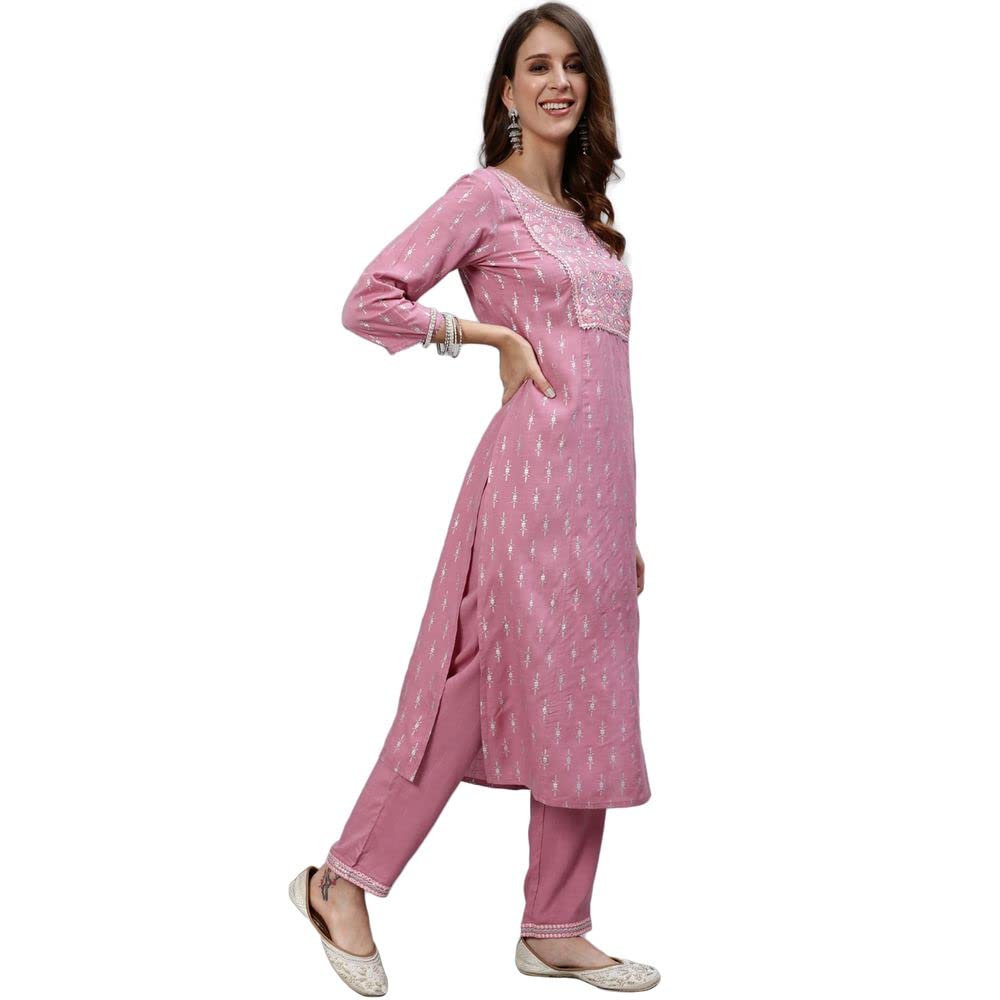 anubhutee Womens Ethnic Motifs Yoke Design Regular Mirror Work Kurta with Trousers