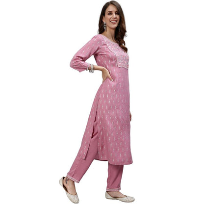 anubhutee Womens Ethnic Motifs Yoke Design Regular Mirror Work Kurta with Trousers