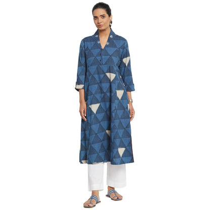 Fabindia Women Printed Straight Long Kurta Cotton_Blue