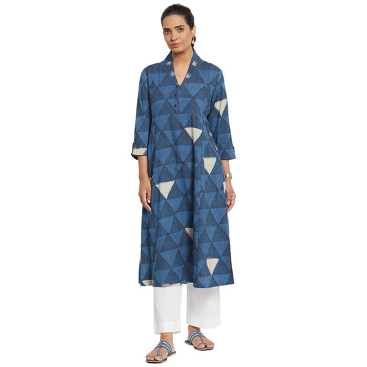 Fabindia Women Printed Straight Long Kurta Cotton_Blue