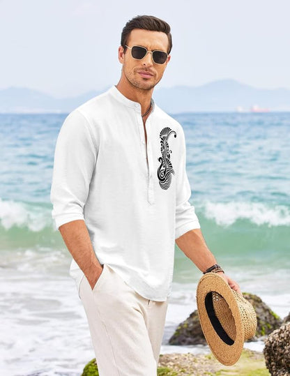 Finivo Fashion MenS Printed Cotton Blend Short Kurta With Artistic Chest Design | Stylish Full Sleeve Casual Kurta With Mandarin