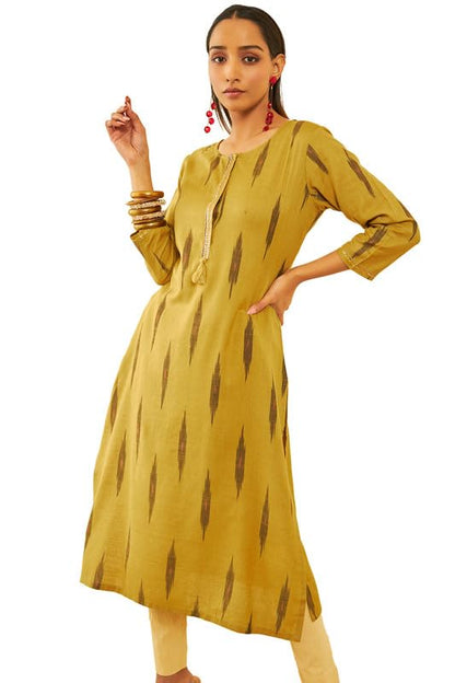 Soch Womens Olive Cotton Ikat Printed Straight Kurta With Sequins