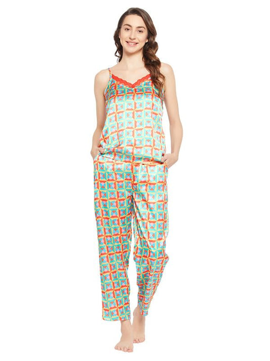 Clovia Womens Satin Emoji Print Cami Top & Pyjama Set (LS0560A19_Multi_L) Multicolour