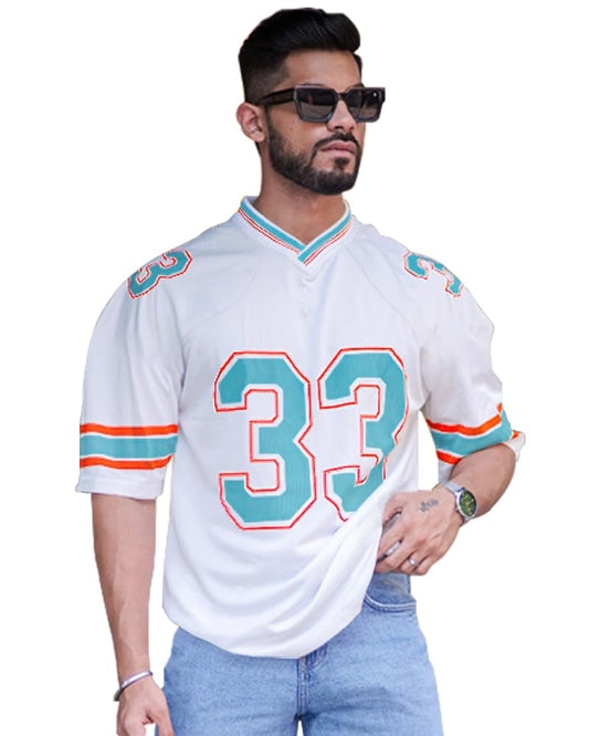 Eyebogler Oversized Loose Fit Drop Shooulder 3/4Th Sleeves Cotton Blend Baggy Printed T-Shirt For Men White