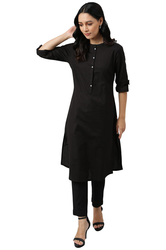 W Black Solid Cotton Blend Straight Long Kurta For Women