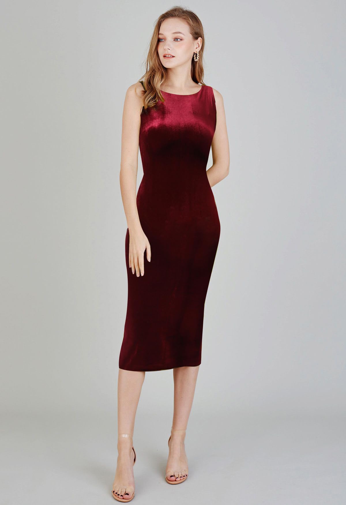 Toochki WomenS Maroon Velvet Solid Bodycon Western Dress | Dresses For Women | A Line Latest Trendy Midi