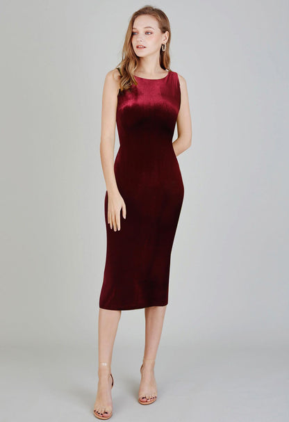 Toochki WomenS Maroon Velvet Solid Bodycon Western Dress | Dresses For Women | A Line Latest Trendy Midi