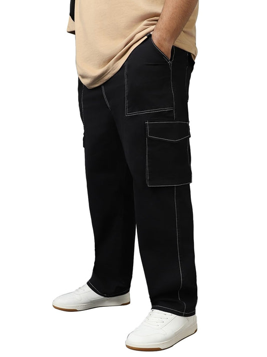 Bewakoof Mens Solid Oversized Fit Plus Size Mid Rise Loose Trousers_609851_Black_44