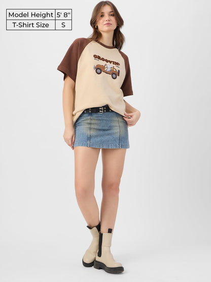 The Souled Store Peanuts: Groovin Women and Girls Short Sleeve Round Cotton Oversized T-Shirts Brown