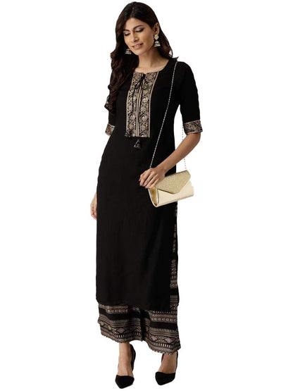 GoSriKi Women's Rayon Solid Printed Kurta with Palazzos (Black)