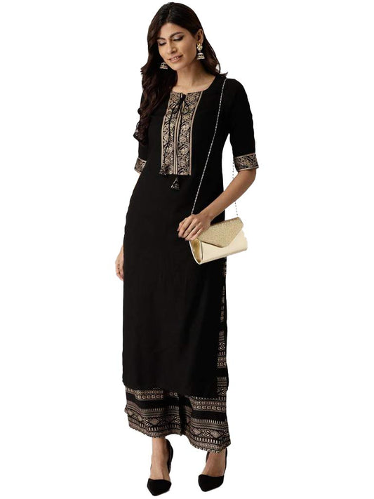 GoSriKi Women's Rayon Solid Printed Kurta with Palazzos (Black)