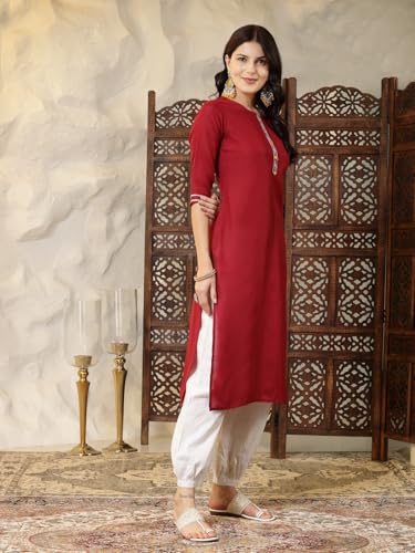 Stylum Women's Self Designed Cotton Blend Straight Kurta (Isabel_Maroon)