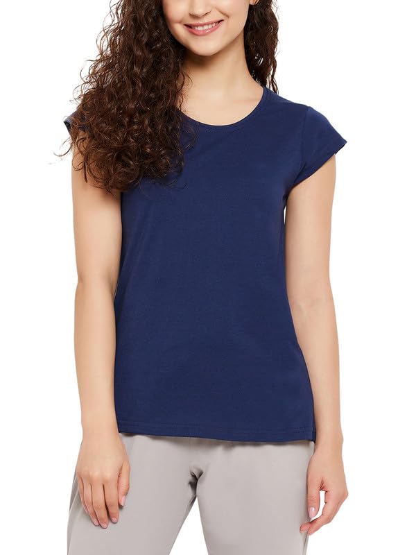 Clovia Womens Cotton Solid Sleep Shirt (LT5202P08_Blue_L)