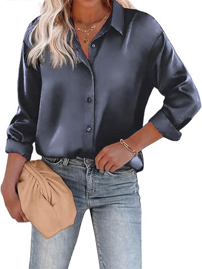 CB-COLEBROOK Womens Blouse Satin Silk Stylish Shirts Button Down Solid Shirts Casual Loose Long Sleeve Office Work Tunic Wester