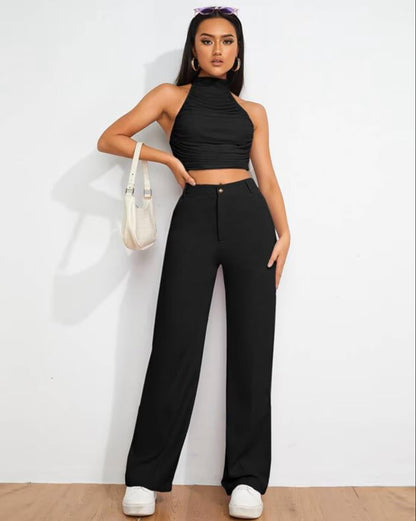 Toochki Women Straight Fit Spandex Blend Solid Trousers Black