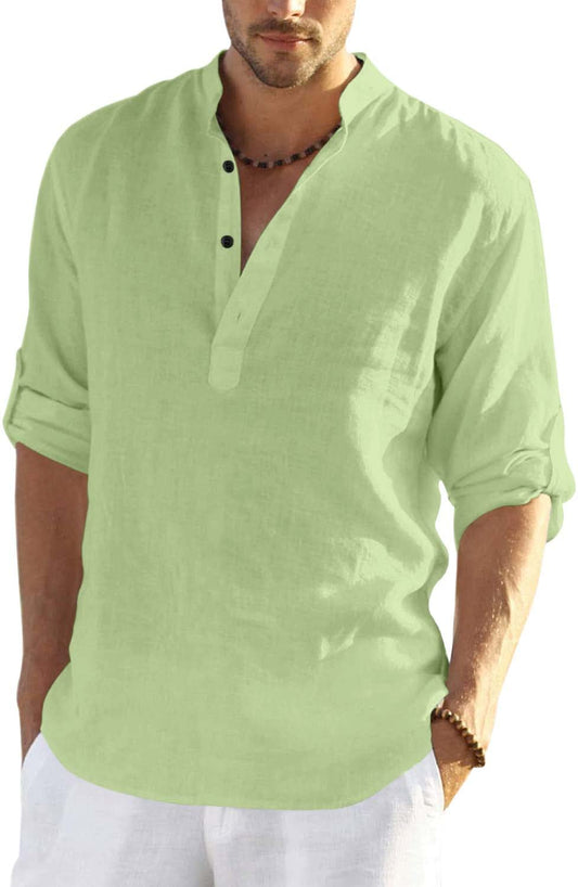 Hemrin MenS Cotton Blend Full Sleeve Short Kurta Shirt With Mandarin Collar Light Green