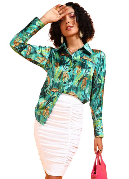 POPWINGS Printed Full-Sleeves Regular-Fit Satin Printed Shirt for Women Stylish Western Casual Wear