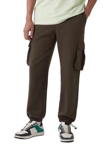 Bewakoof Heavy Duty 1.0 Mens Solid Oversized Fit Fleece Cargo Joggers_646487_Brown_XL