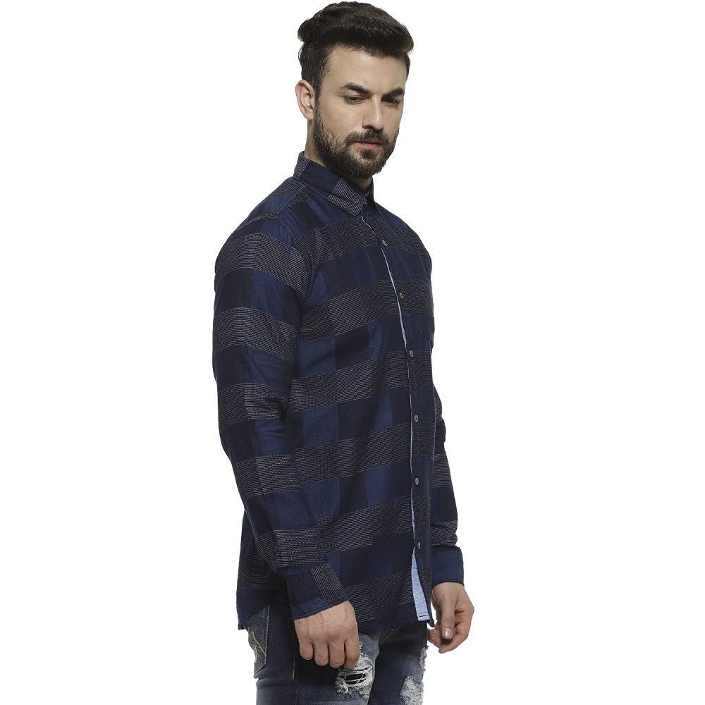 Campus Sutra Mens Denim Blue Buffalo Checked Shirt for Casual Wear | Spread Collar | Long Sleeve | Button Closure | Cotton Shir