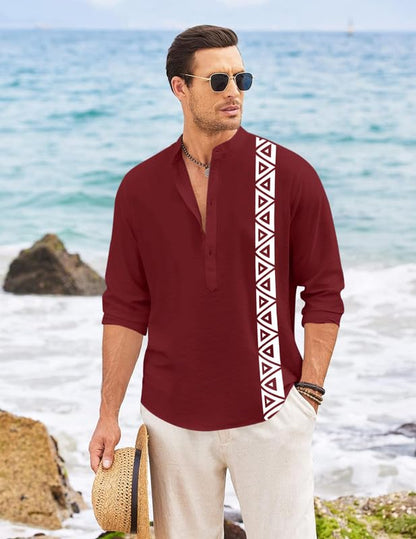 Finivo Fashion MenS Short Kurta With Printed Geometric Side Panel | Cotton Blend Full Sleeve Ethnic Topwear With Mandarin Collar