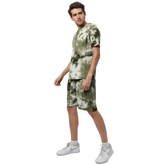 Campus Sutra Mens Green Tie-Dye Regular Fit Co-Ords for Winter Wear | Half Sleeve Shirt | Collared Neck | Shorts | Textured Clo