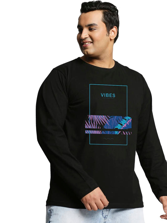Bewakoof Mens Vibes Graphic Printed Plus Size T-Shirt, Regular Fit, Round Neck, Full Sleeve_590089_Black_3XL
