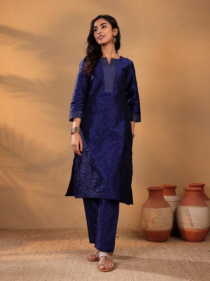 VARANGA Women's Navy Blue Ethnic Kurta Set ?Straight Fit Dobby Textured Kurta with Zari Couching & Calf-Length Trouser