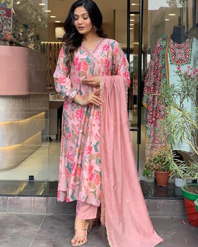 GoSriKi Women's Rayon Blend Printed Kurta with Pants & Dupatta, Peach, Large, Model MASLIN-MULTI-GS
