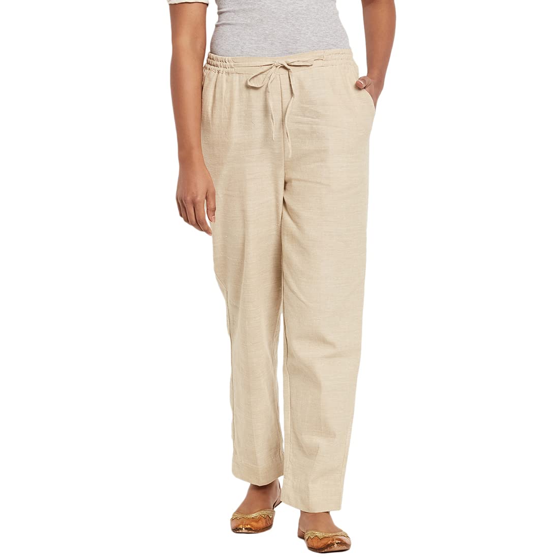 Fabindia Women Drawstring Casual Pant Cotton_Xl Beige