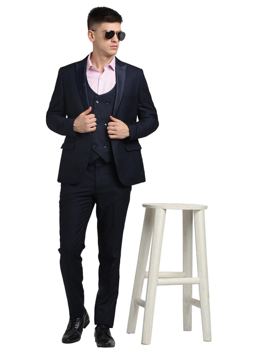 Turtle Men Poly Viscose Tailored Fit Dark Blue Three Piece Party Suits