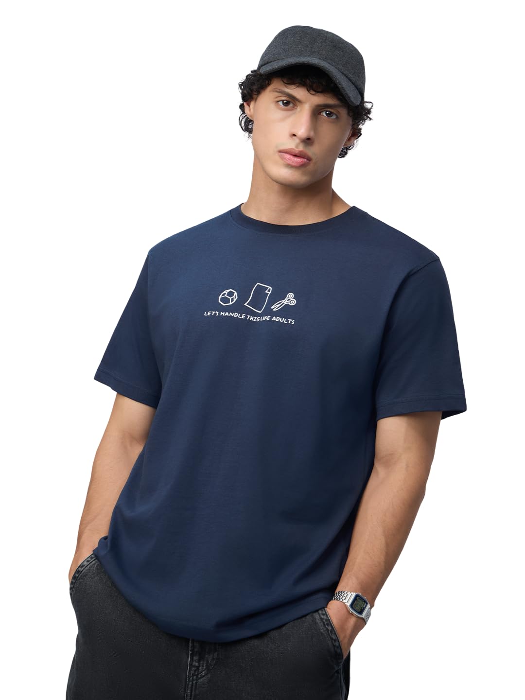 The Souled Store Originals: Handle Like Adults Men and Boys Short Sleeves Round Neck Blue Graphic Printed Relaxed Fit Cotton T-S