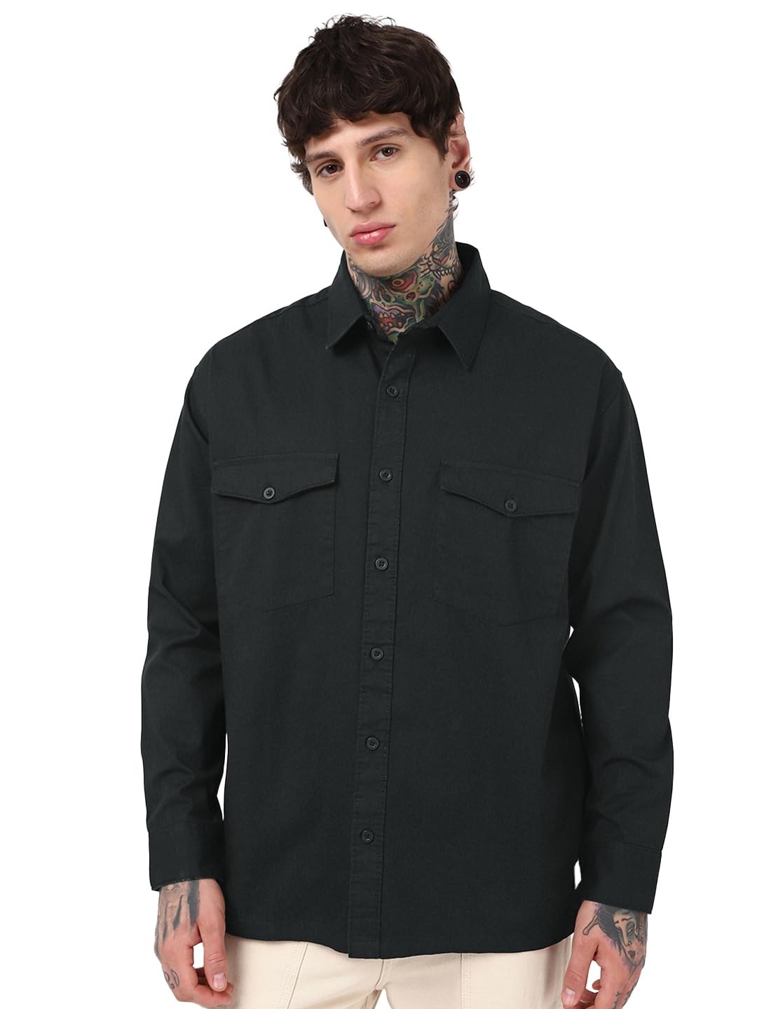 Bewakoof Mens Solid Oversized Fit Full Sleeve Collar Cotton Shirt_662124_Black_XL