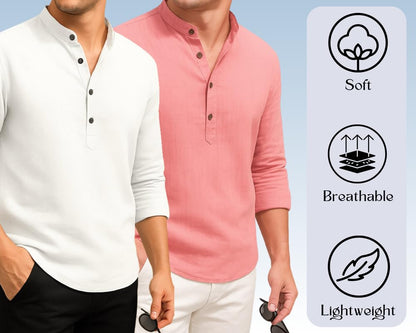 Deelmo Combo Of MenS Cotton Blend Solid Regular Fit Full Sleeve Short Kurta | MenS Trendy Short Kurta Pack Of 2 White - Peach