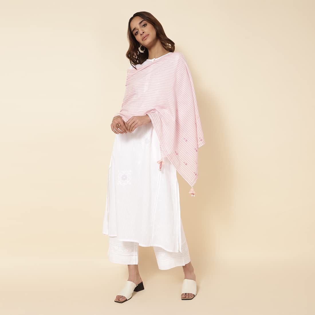 Fabindia Pink Cotton Embroidered Stole | Free Size | 1.8m x 56cm