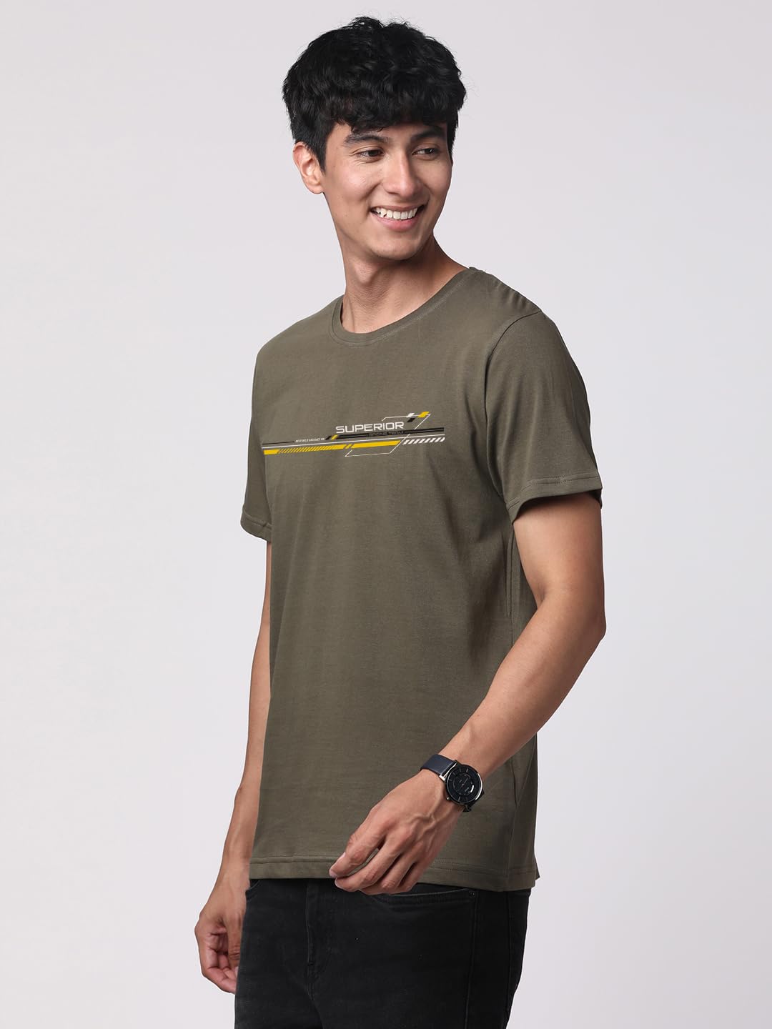 ADRO Men's Graphic Printed 100% Cotton T-Shirt - Regular Fit, Printed T-Shirts for Men (RN24-RAC-OL_Olive)