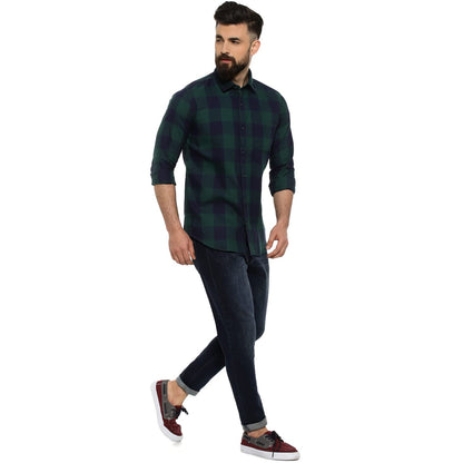 Campus Sutra Mens Regular Fit Full Sleeve Shirt for Casual Wear |Blue|Green|Chequered|Front Spread Collar|Shirt Crafted with Co